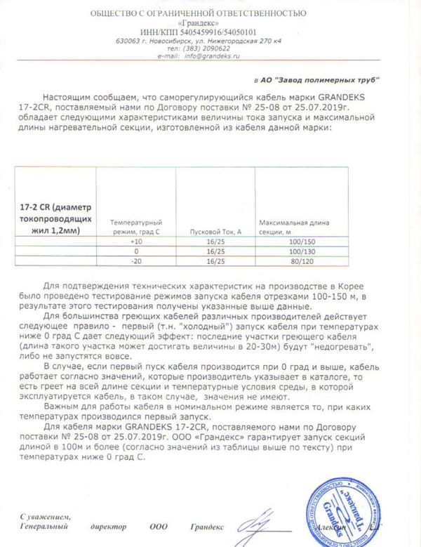 Паспорт кабеля саморегулирующегося Grandex 17-2CR