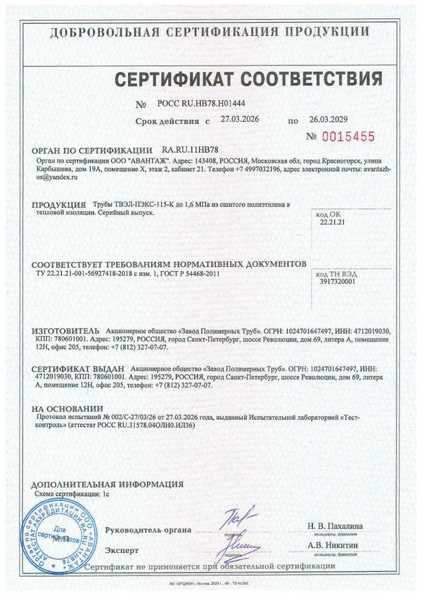 Сертификат соответствия 115°С / 16 бар
